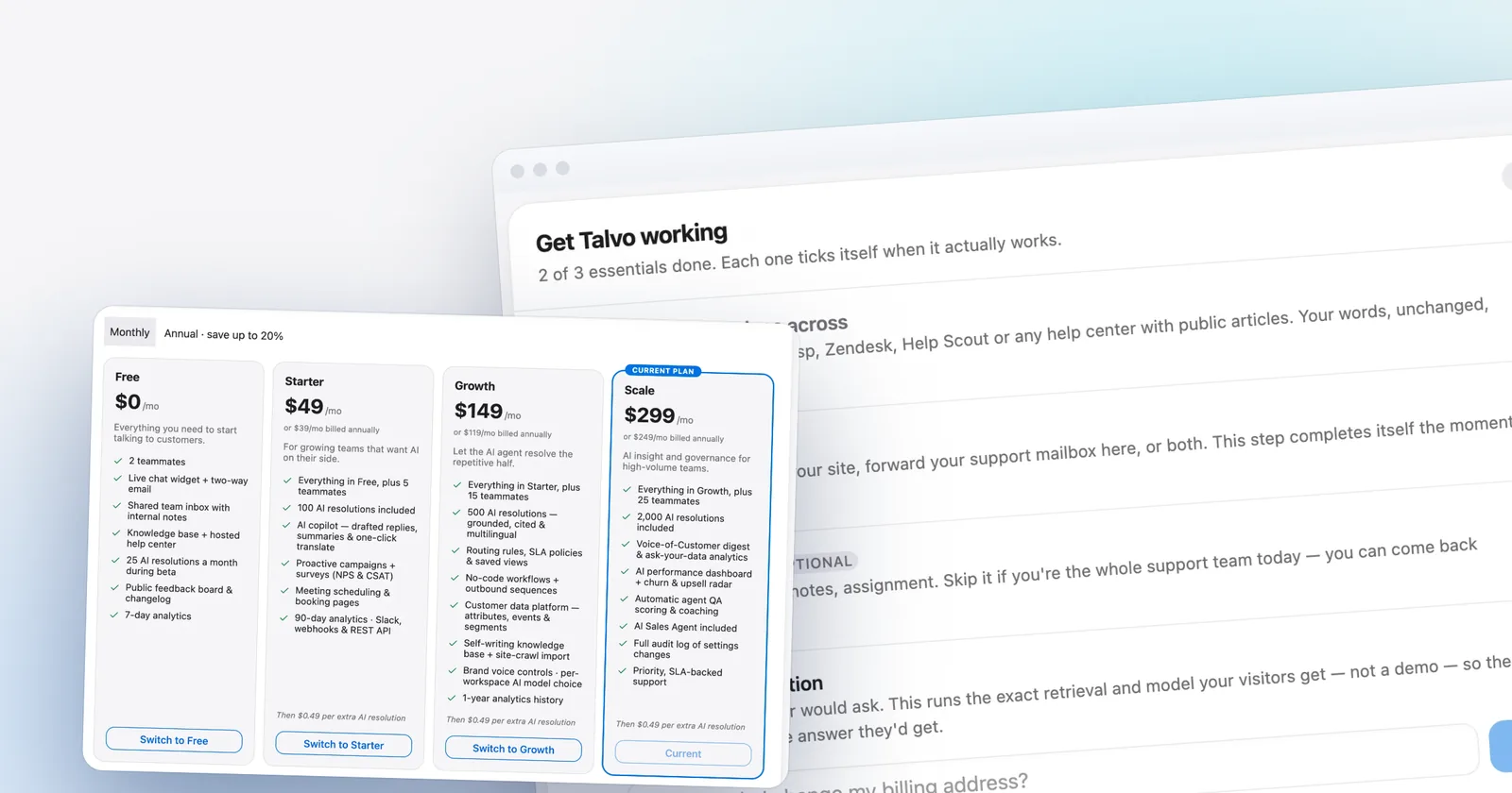 Talvo's plan cards, in front of the setup checklist. Shown with our demo workspace.
