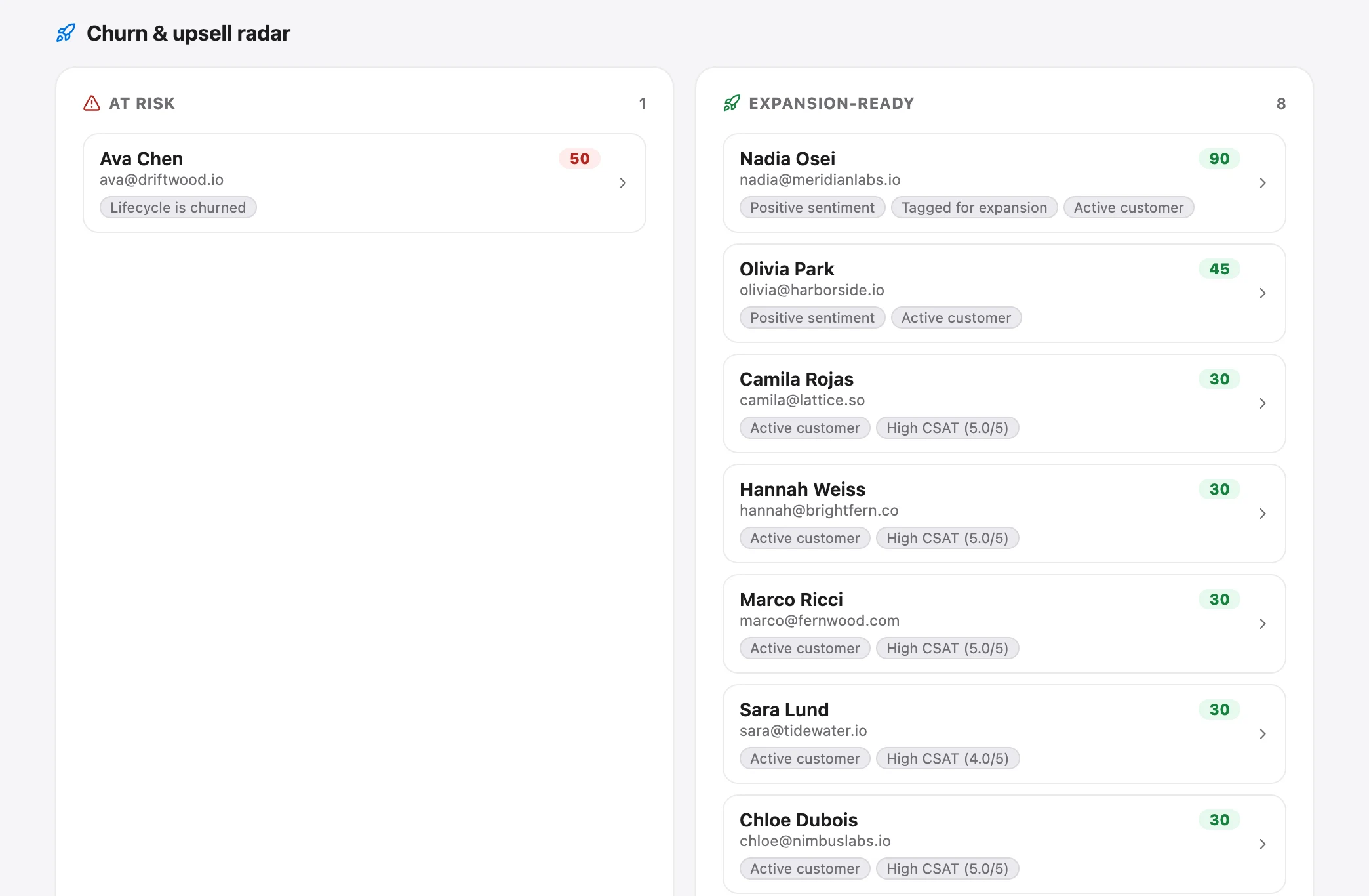 Talvo's churn and upsell radar: at-risk and expansion-ready customers, each with a score and reasons.