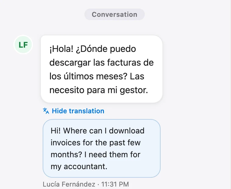 A Spanish message in the Talvo inbox with its English translation underneath.